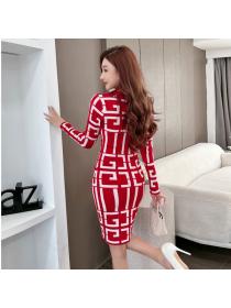 Korean style Plaid V collar Knitted Dress 