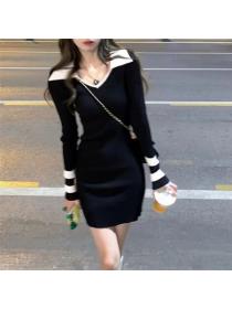 Korean style V collar Long-sleeved Knitted Dress 
