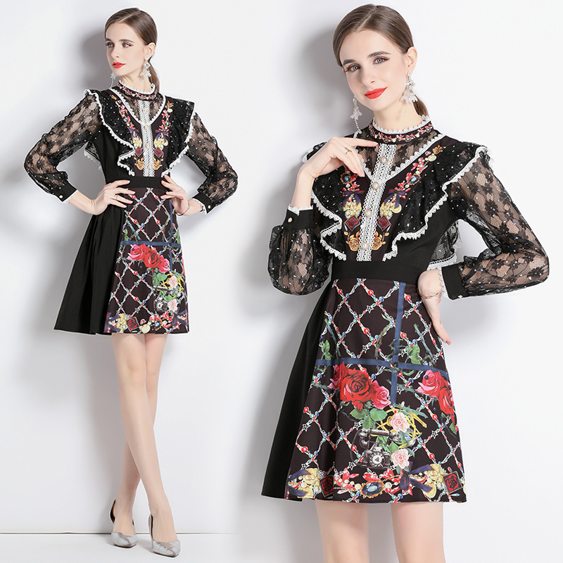 Outlet Sequins cstand collar lace printing dress for women