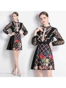 Outlet Sequins cstand collar lace printing dress for women