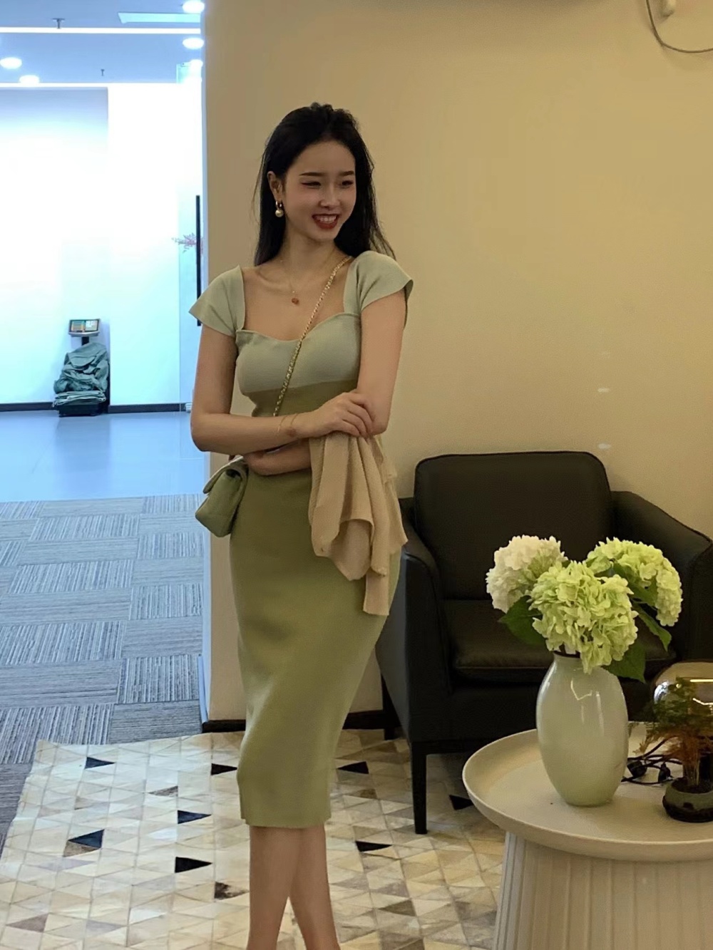 Korean style dress pinched waist cardigan 2pcs set