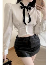 On Sale stand collar slim shirt unique black collar tops for women