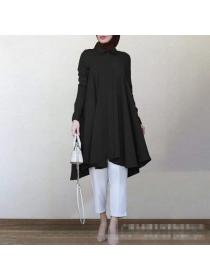 New style solid color lapel ong-sleeved Muslim women's shirt