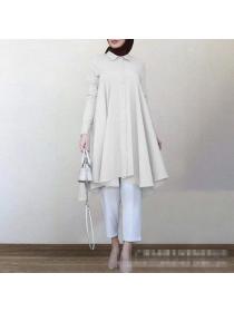 New style solid color lapel ong-sleeved Muslim women's shirt