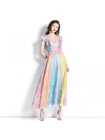 Summer fashion V collar Printed Maxi dress 