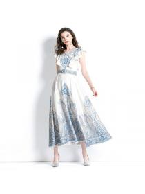 Summer fashion V-neck linen Fashion print Maxi dress(with belt)