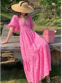 hollowed out embroidery   deep V puffed sleeves long Dress