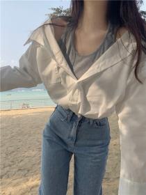 Fake-two pieces short shirt simple Korean style tops
