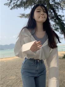 Fake-two pieces short shirt simple Korean style tops