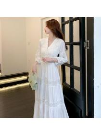 Korean style V collar Holiday Beach White Dress 
