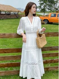 Summer Korean style Beach White Dress Long-sleeved Maxi dress for women