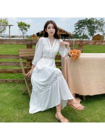 Summer Korean style Beach White Dress Long-sleeved Maxi dress for women