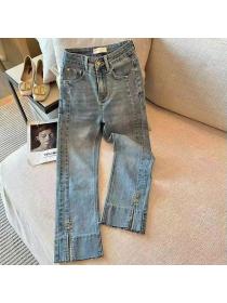 Women's summer new spring and autumn high waist slit straight leg jeans