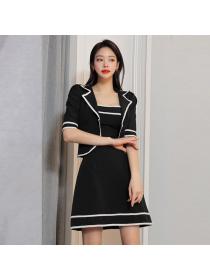 Korean style Trend Summer Suit collar Short Top+Pinch waist Dress Two pieces set