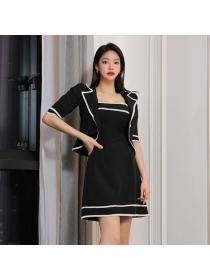 Korean style Trend Summer Suit collar Short Top+Pinch waist Dress Two pieces set
