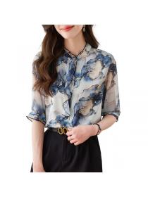 Real silk short sleeved shirt women's high-end mulberry silk lotus leaf collar top