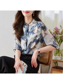Real silk short sleeved shirt women's high-end mulberry silk lotus leaf collar top