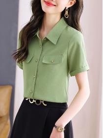 Korean style Summer Green Casual Short sleeve blouse