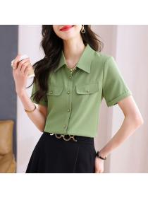 Korean style Summer Green Casual Short sleeve blouse 