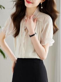 Korean style Summer Chiffon V collar Solid color Blouse