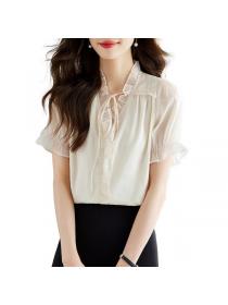 Korean style Summer Chiffon V collar Solid color Blouse 