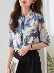Korean style Summer Silk Stand collar Blouse