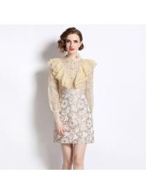 European style Printed Lace Pinch waist Short sleeve dress