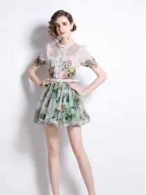 European style Summer Fashion Bell sleeve Top+A-line Printed Skirt