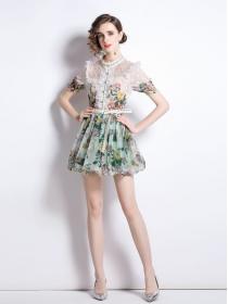 European style Summer Fashion Bell sleeve Top+A-line Printed Skirt 