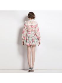 European style Fashion Lace shirt+ Printed Skirt Two pcs set