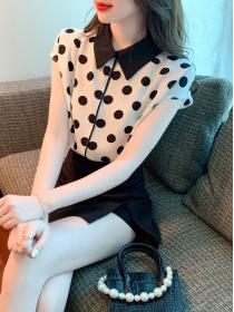 Summer Korean style Polo collar Sleeveless Dot print Blouse