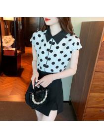 Summer Korean style Polo collar Sleeveless Dot print Blouse 