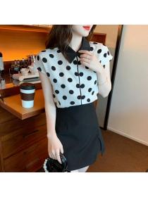 Summer Korean style Polo collar Sleeveless Dot print Blouse 