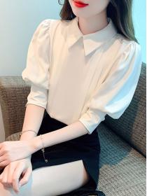 Korean style Summer Polo collar Short sleeve Solid color Blouse