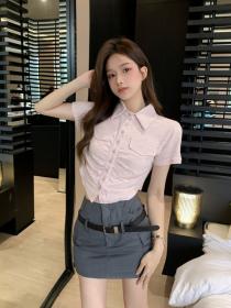 Polo neck short-sleeved T-shirt and pleated waist Spice girl Two pcs set