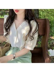 Korean style V collar Puff sleeve Shirt 