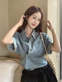 Korean style Polo collar Short sleeve Denim blouse