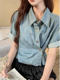 Korean style Polo collar Short sleeve Denim blouse 