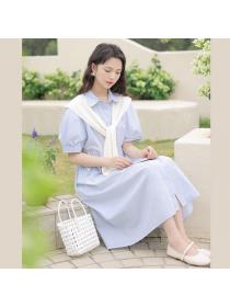 Korean style Polo collar Loose Waist Mid-length dress + knitted shawl
