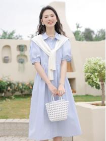 Korean style Polo collar Loose Waist Mid-length dress + knitted shawl