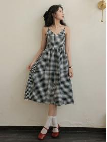 Korean style Summer V collar High waist Plaid Sleeveless dress
