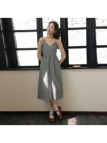 Korean style Summer V collar High waist Plaid Sleeveless dress