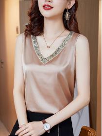 Summer fashion V-neck Solid color sleevelesss Satin Vest