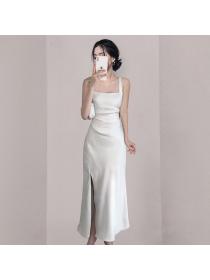 Summer fashion White Slit Pinch waist Vest dress 
