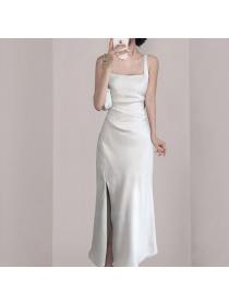Summer fashion White Slit Pinch waist Vest dress 