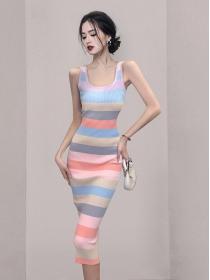 Korean style Sexy Rainbow Stripe Knitting dress