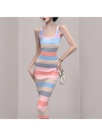 Korean style Sexy Rainbow Stripe Knitting dress
