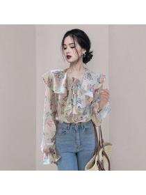 Korean style Chiffon Lotus leaf Long sleeve Matching shirt