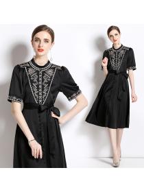 Summer Stand collar Slim Long Embroidery dress 