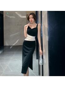 Korean style Slim Split Long dress Summer dress 